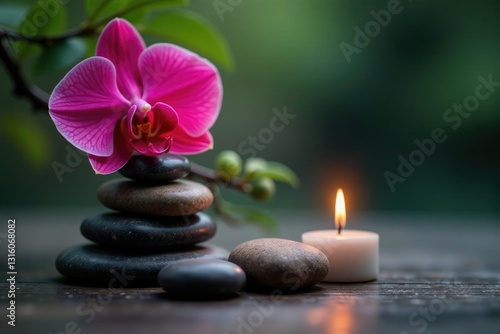 Softly glowing candle on ancient therapy stones beside a serene branch red orchid, nature, serenity, stone