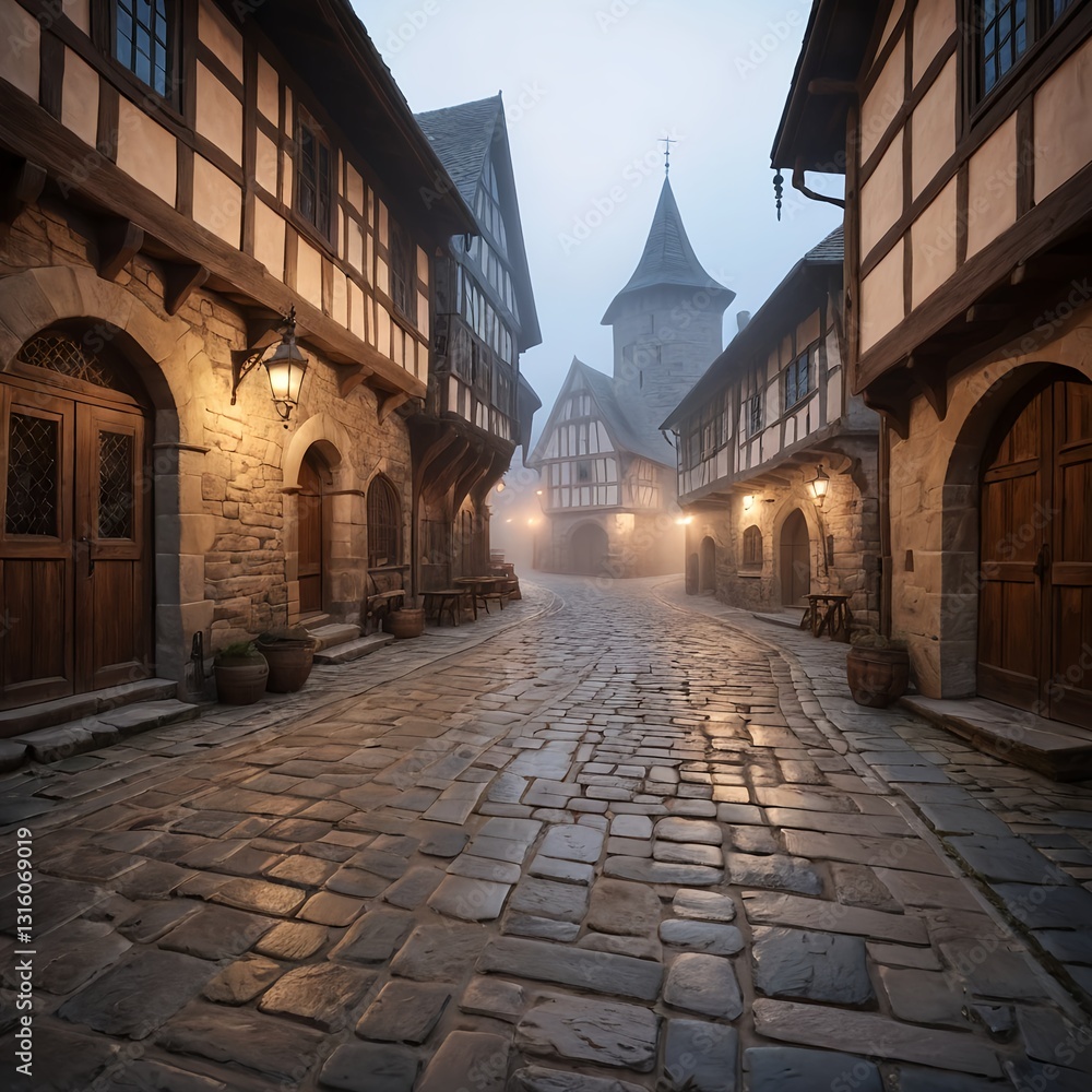 Fototapeta premium Misty Medieval Street at Dawn
