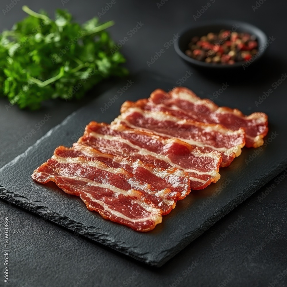 Crispy bacon strips on dark slate with fresh parsley and peppercorns culinary delight and savory breakfast Crispy bacon strips on dark slate with fresh parsley and peppercorns culinary delight and savory breakfast