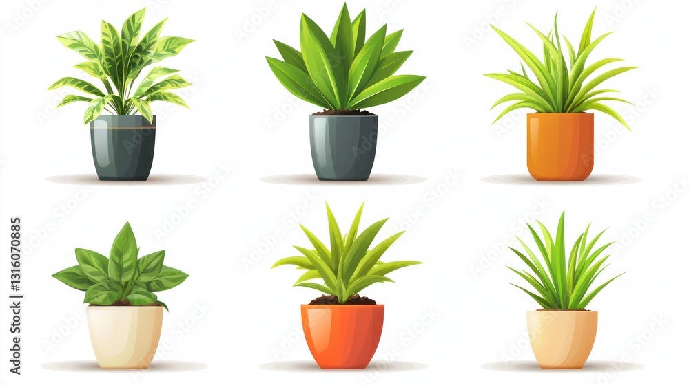 Fototapeta premium Six potted plants, indoor greenery, home decor, white background, website design