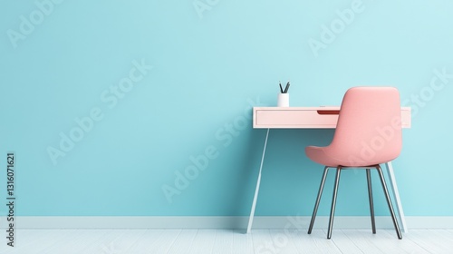 Bright Blue Wallpaper with Modern Desk and Chair