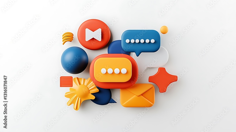 3D Render: Colorful Abstract Communication Icons on White Background AI Generated