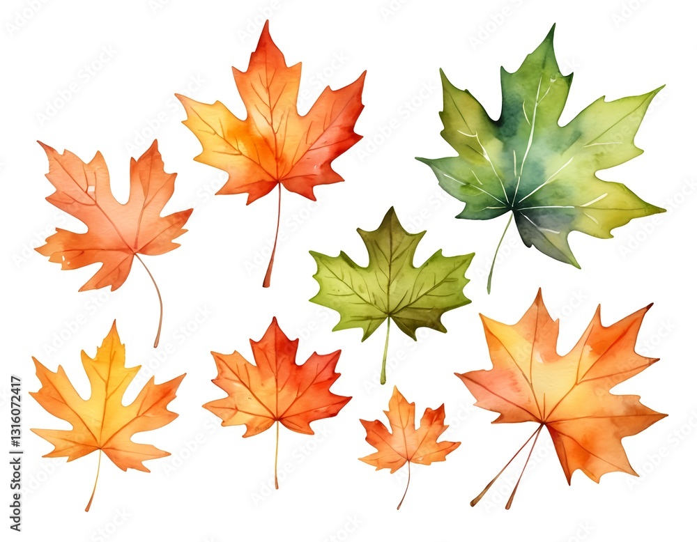 Fototapeta premium Watercolor Autumn Maple Leaves Collection
