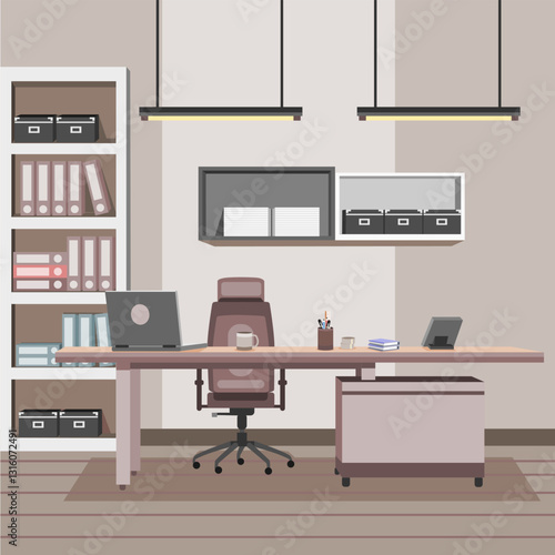 Modern office desk, laptop, chair, shelves, wood floor