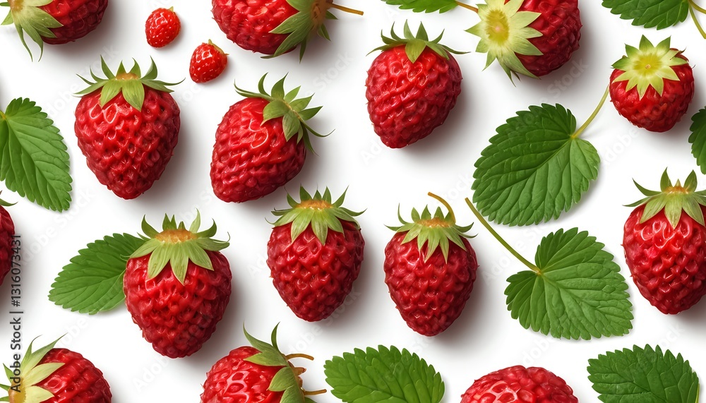 Fresh Strawberries with Green Leaves on White Background Fresh Strawberries with Green Leaves on White Background