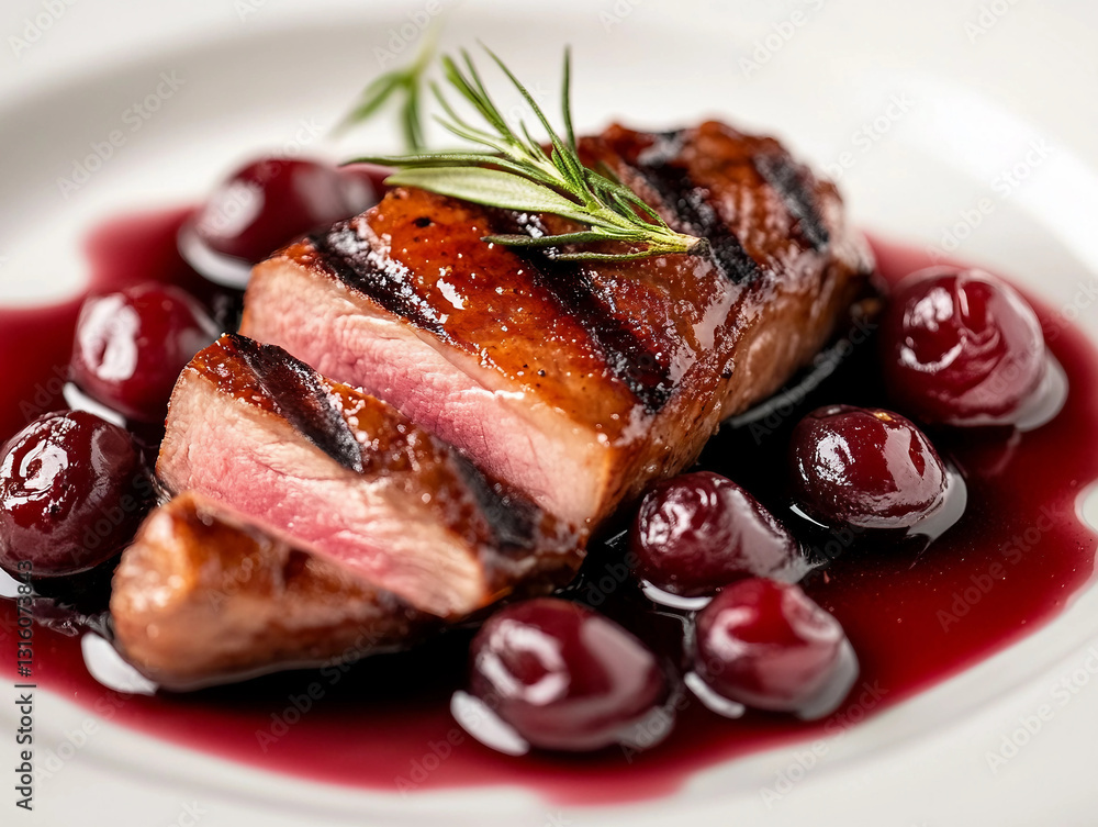 A piece of meat is on a plate with a sauce and some berries A piece of meat is on a plate with a sauce and some berries
