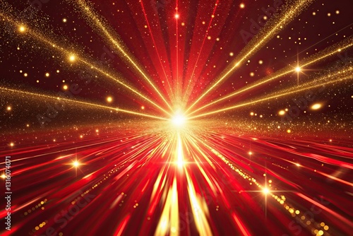 Vibrant Red Abstract Background with Glowing Golden Rays and Sparkling Effects