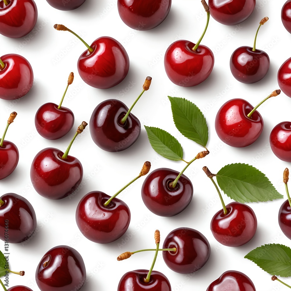 Seamless Pattern of Fresh Red Cherries and Green Leaves on White Background Seamless Pattern of Fresh Red Cherries and Green Leaves on White Background