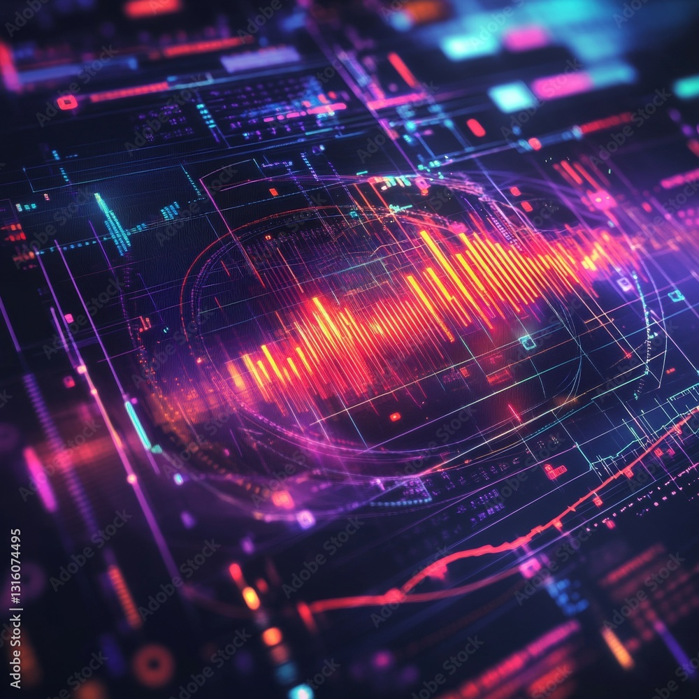 Colorful Abstract Digital Data Visualization with Vibrant Energy Waves and Network Connections