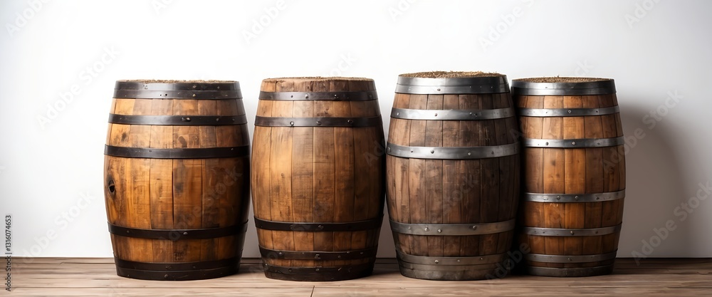 Four Wooden Barrels Against White Wall Four Wooden Barrels Against White Wall