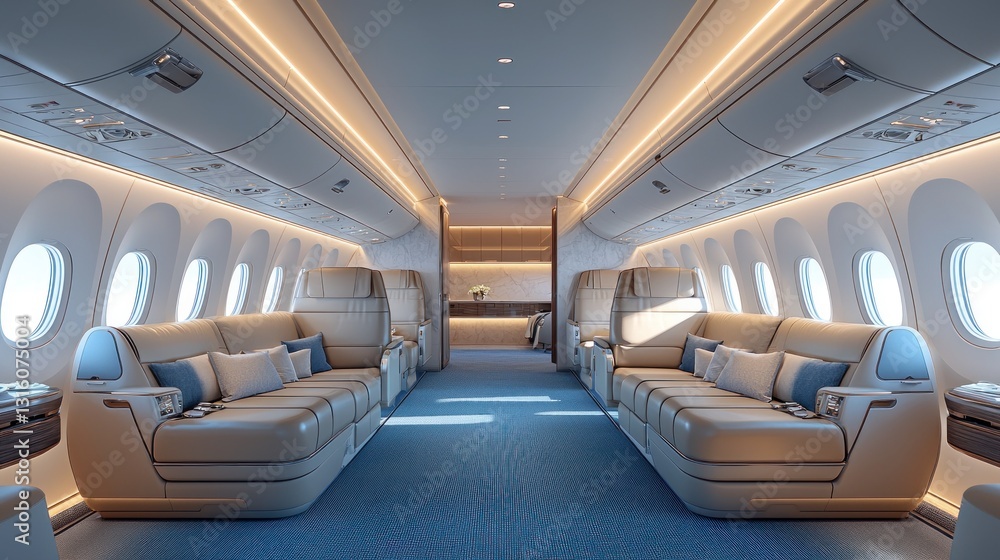 Fototapeta premium Luxurious interior airplane cabin with plush sofas, soft cushions and lighting