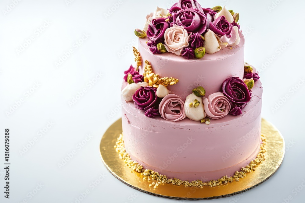 Luxurious three-tiered rose pistachio cake for a royal celebration on a gold base Luxurious three-tiered rose pistachio cake for a royal celebration on a gold base