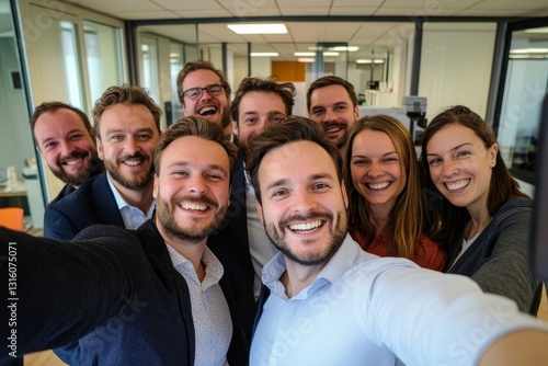 Fun, united colleagues taking a selfie with a phone looking excited, happy or motivated and ready to take startup business to the top. Smiling, happy and cheerful office group or team