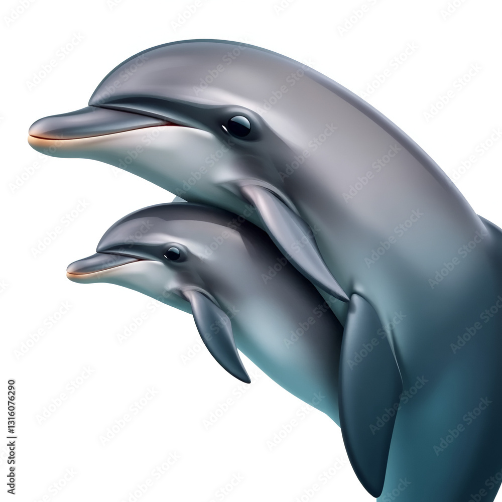 Fototapeta premium Hectors dolphins, mother and baby calf, endangered dolphin, New Zealand. , isolated on white background, , copy space, copy space for text,