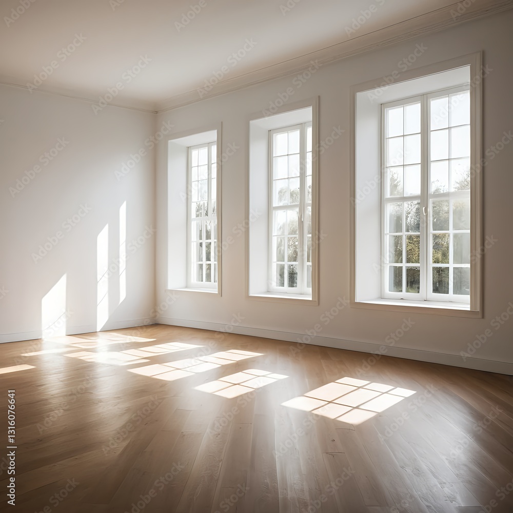 Fototapeta premium Empty Room with Sunlight Streaming Through Large Windows