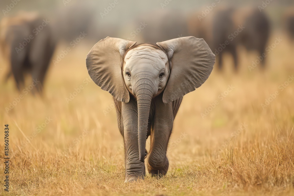 Fototapeta premium Tiny elephant calf walking forward, isolated from its herd.