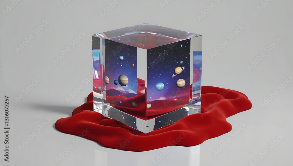 Obraz premium Planets in a glass cube on red velvet