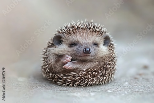 Tiny hedgehog rolling into a ball, only its nose visible.