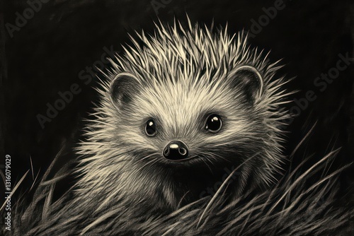 Tiny hedgehog with spiky quills looking curiously forward.