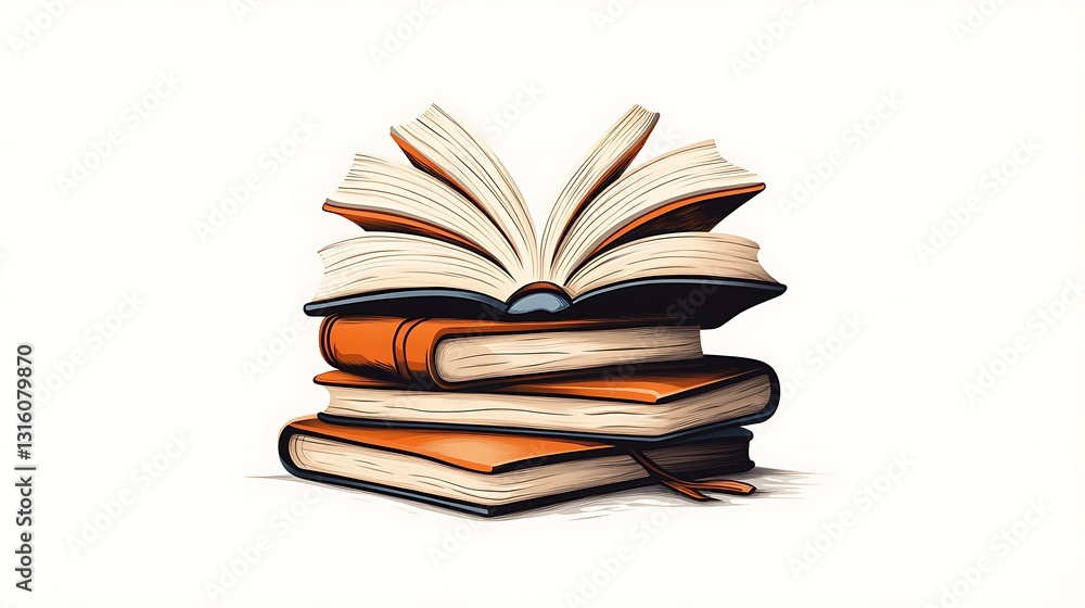 Fototapeta premium Open Book on Stack of Vintage-Style Volumes: Digital Illustration AI Generated