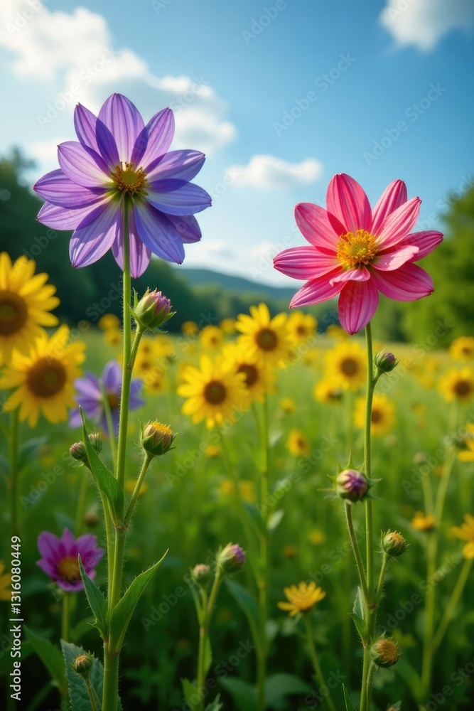 Wild columbine flowers in a field with tall grass and sunflowers, spring, landscape, aquilegia canadensis Wild columbine flowers in a field with tall grass and sunflowers, spring, landscape, aquilegia canadensis
