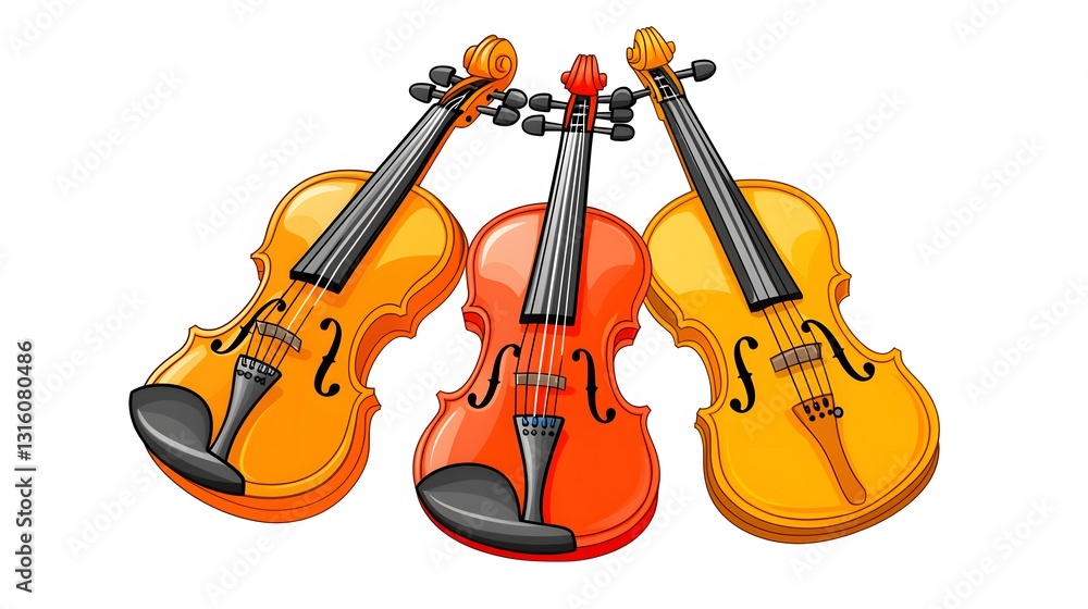 Fototapeta premium Trio of Vibrant Violins: A Colorful Symphony of Strings