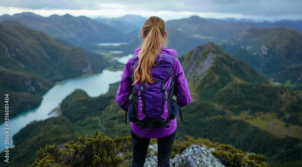Naklejka premium A woman hiking in New Zealand, viewed from behind, looking over the edge of a mountain with beautiful scenery in the background. She is wearing a purple jacket and black pants, wit