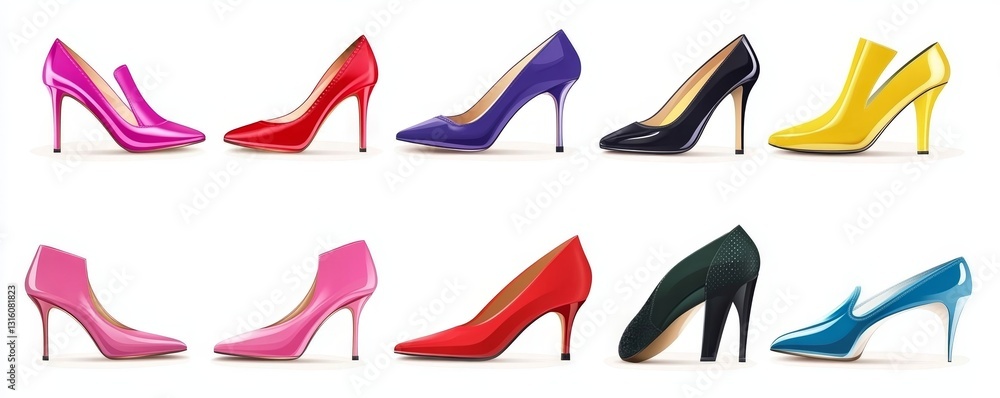 white background cutouts of fashionable stylish women shoes collection Set in different styles and colors. Generative AI white background cutouts of fashionable stylish women shoes collection Set in different styles and colors. Generative AI