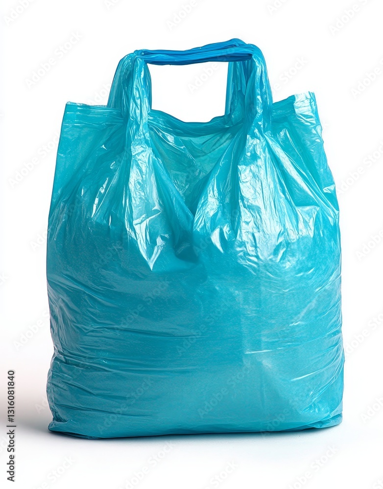 Fototapeta premium A lone empty blue plastic bag is set against a transparent checkered backdrop