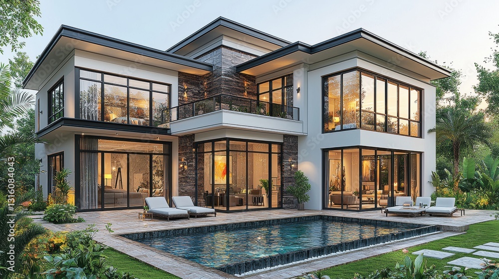 Fototapeta premium Aerial view of a contemporary house featuring a sleek design, surrounded by lush greenery. The inviting pool sparkles under the sun, complemented by a stylish patio with outdoor furniture.