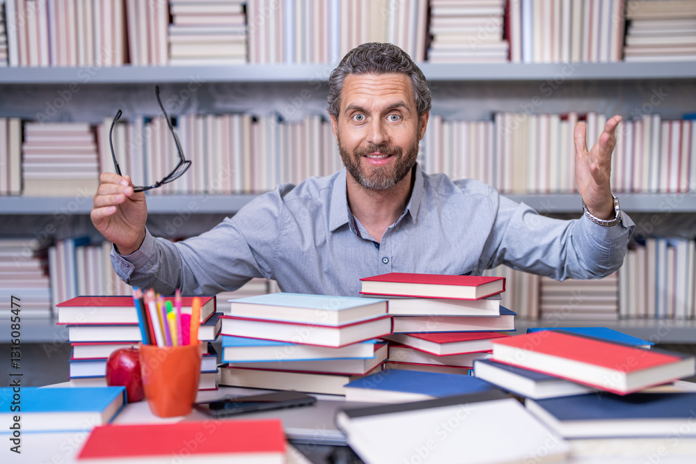 teachers day. school teacher improve education in library. knowledge day. teacher prepare for school exam. overworked professor at lesson. school professor with books. college faculty