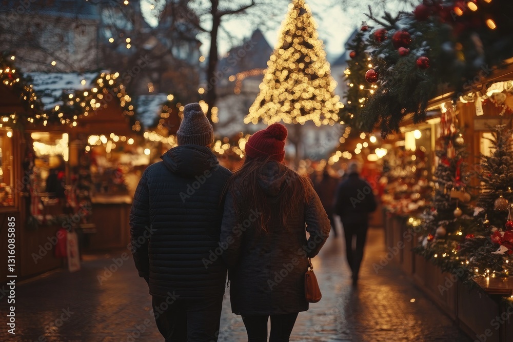Couple walking through a Christmas market, soft evening light, festive decorations all around, joyful and cozy expressions, warm winter clothing, vibrant and cheerful holiday mood Couple walking through a Christmas market, soft evening light, festive decorations all around, joyful and cozy expressions, warm winter clothing, vibrant and cheerful holiday mood