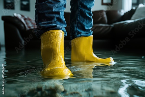 Person wearing yellow rubber boots standing in water indoors, with a flooded living room background
