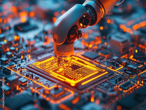 AI-Powered Robotic Arm Assembling Circuit Boards with Real-Time Defect Detection Holograms and Glowing Digital Workflow Diagrams