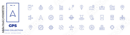 GPS icons collection. Thin Line icons, editable stroke. directions, compass, direction, route, navigator, geolocation, pin, block, way, location, map, south
