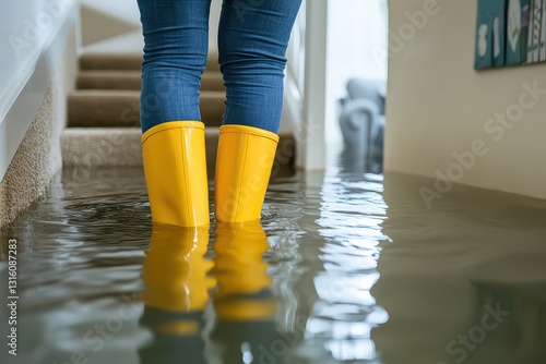 Person in yellow boots standing in flooded living room with water covering the floor