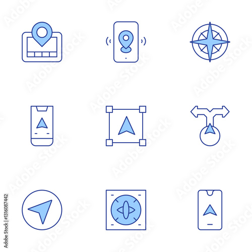 GPS icons set. Line Duotone style, editable stroke. compass, object, navigator, direction, phone, gps, gps navigator