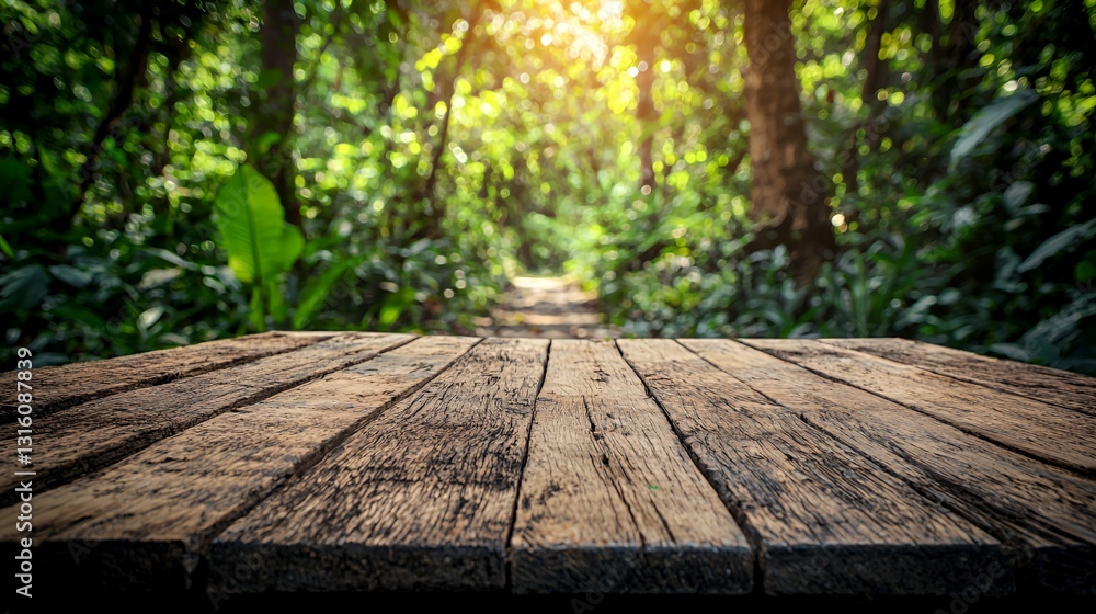 Rustic Wooden Table in Lush Green Forest Setting Rustic Wooden Table in Lush Green Forest Setting