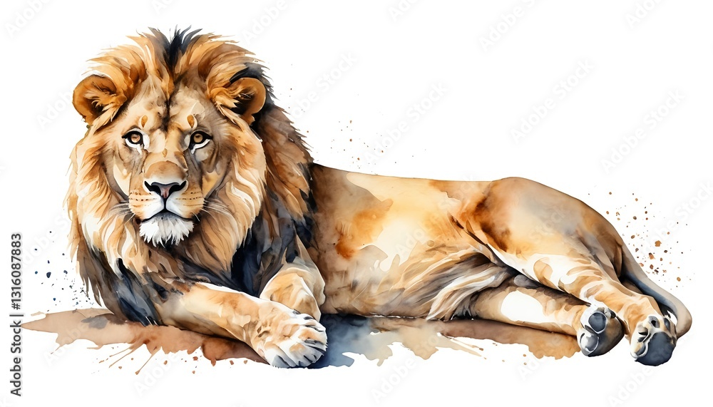 Obraz premium Majestic Male Lion Resting in Watercolor Style