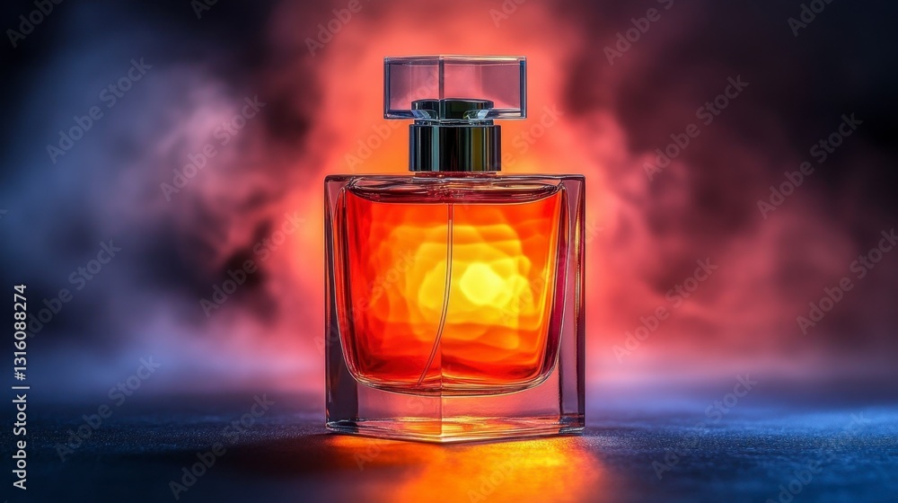 Amber perfume bottle on dark background with red and blue smoke. Product photography with dramatic lighting and moody atmosphere. Amber perfume bottle on dark background with red and blue smoke. Product photography with dramatic lighting and moody atmosphere.