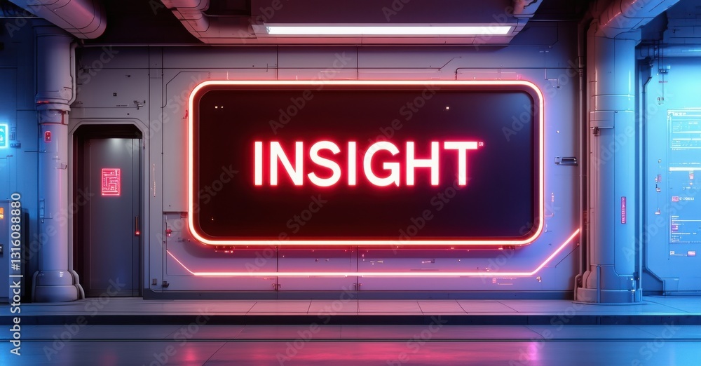 Obraz premium Cyber style illuminated billboard with insight in neon red and silver standing at entrance of futuristic research lab with holographic projections