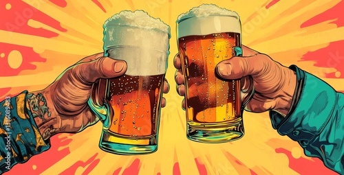 Retro pop art PNG illustration of friends at a party cheering while drinking alcohol in a comic book style imitation