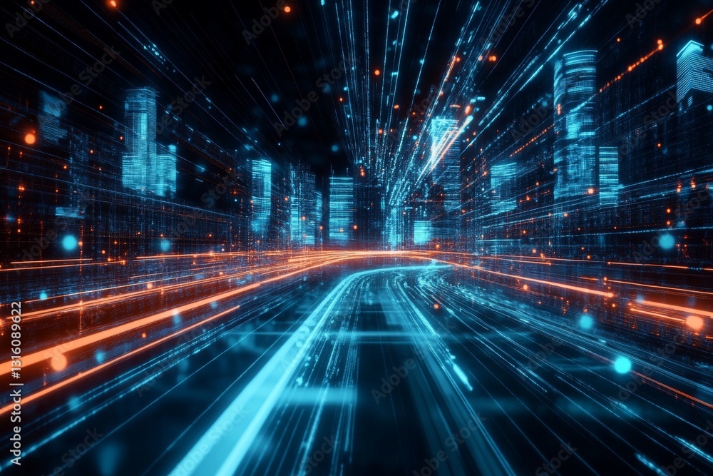 Futuristic Urban Skyline with Neon Lights and Dynamic Motion in a Data-Driven Cityscape Futuristic Urban Skyline with Neon Lights and Dynamic Motion in a Data-Driven Cityscape