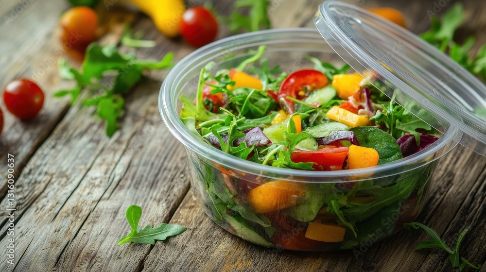 Fresh Colorful Salad in Transparent Container on Rustic Wooden Table Fresh Colorful Salad in Transparent Container on Rustic Wooden Table