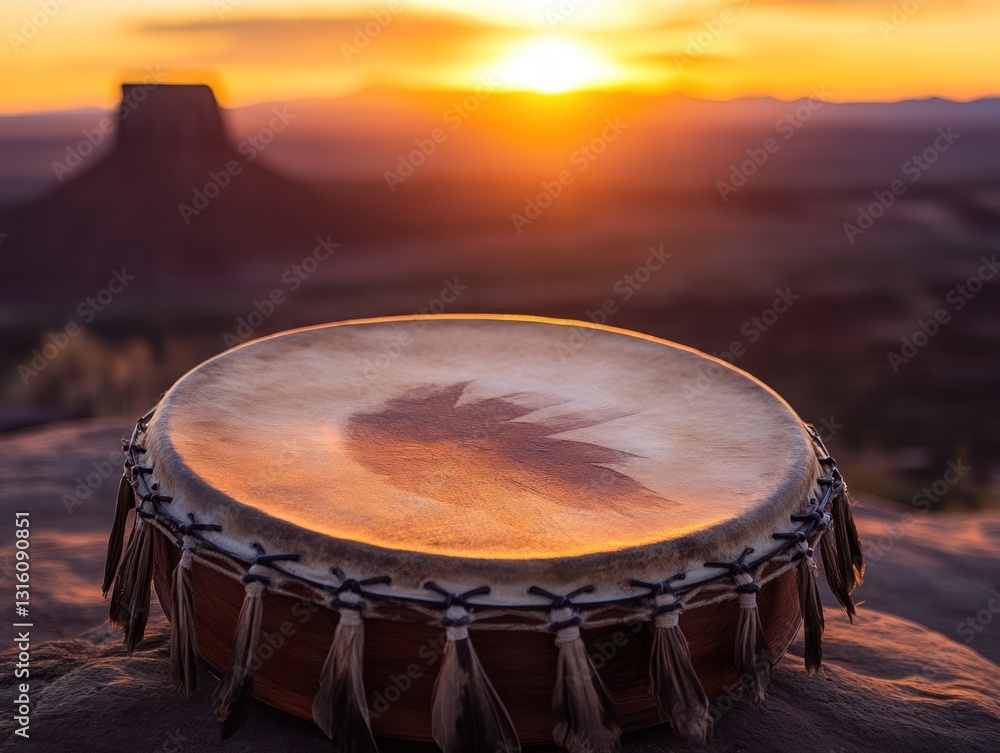 Fototapeta premium Sunrise Drum Ceremony, Desert Landscape, Spiritual Ritual