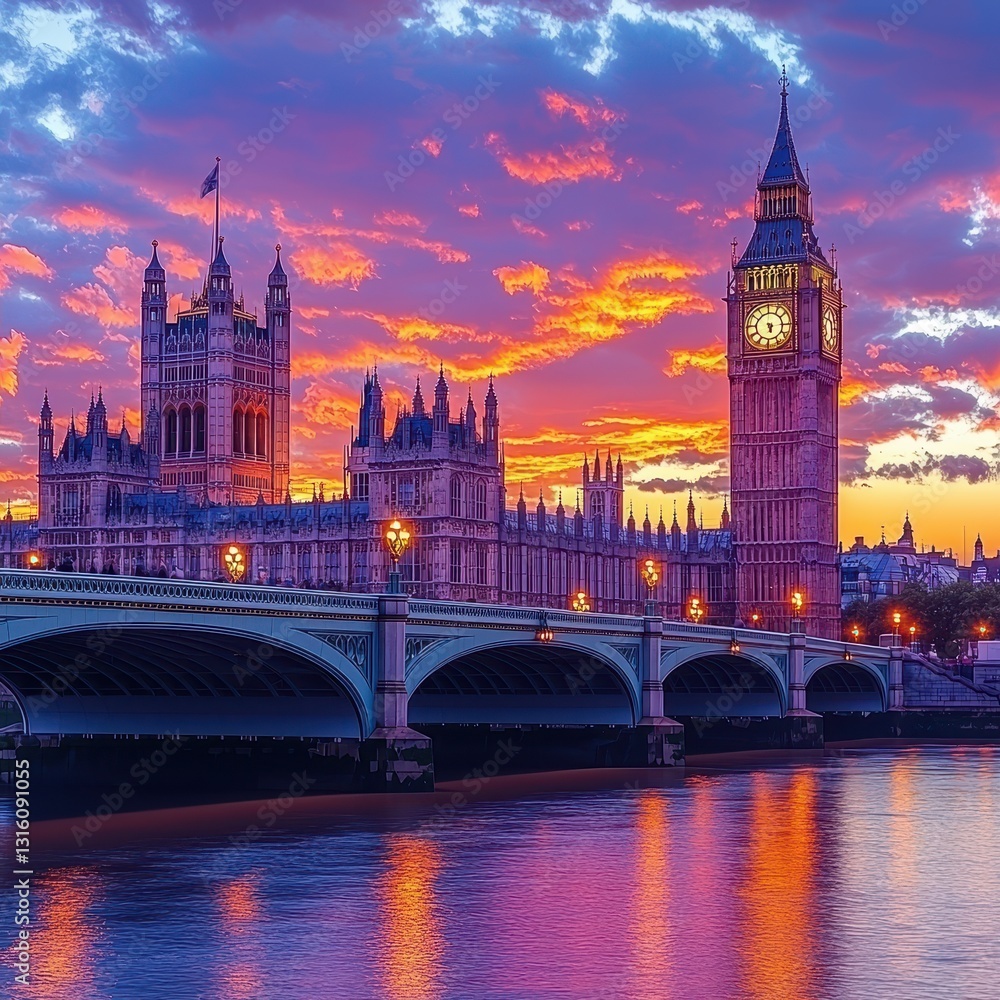 Naklejka premium A captivating aerial view showcases a majestic bridge stretching across a river, with a charming clock tower rising prominently in the background, surrounded by lush greenery.