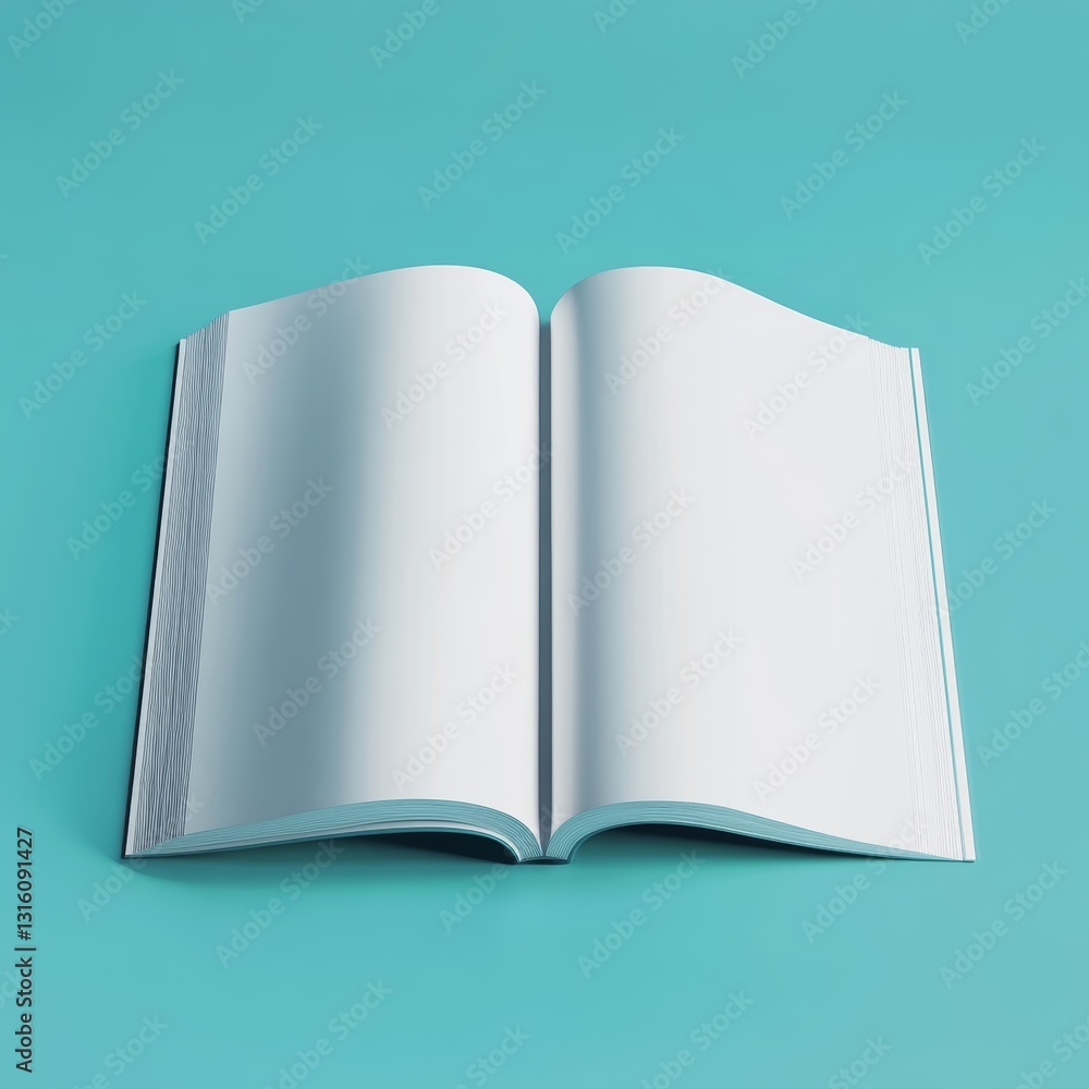 Book is open to a blank page. The book is on a blue surface. The book is white and has no writing on it Book is open to a blank page. The book is on a blue surface. The book is white and has no writing on it