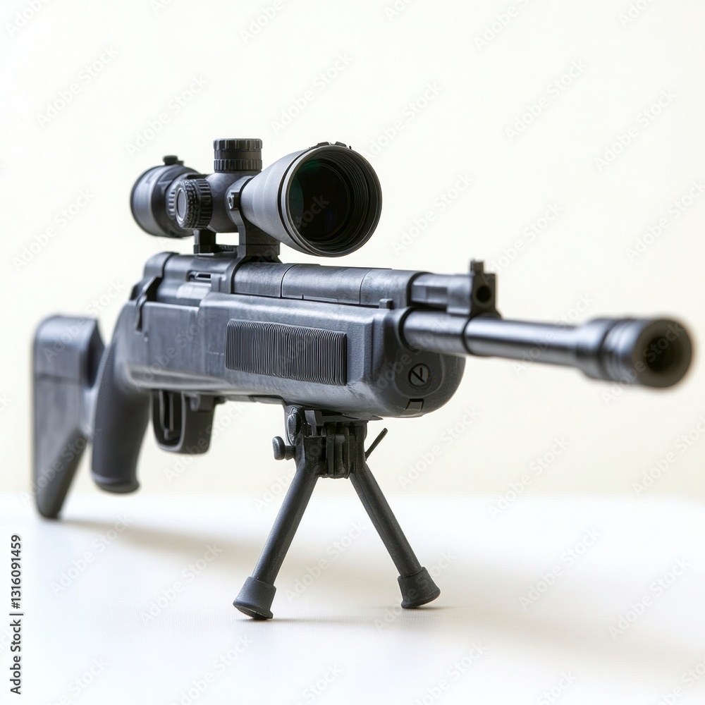 Black air rifle with scope on bipod, angled view against white background. Detailed close up showing texture and features.