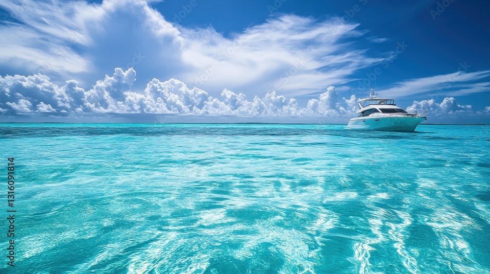 Fototapeta premium Serene Waters Under Bright Blue Skies with Boat in Tropical Paradise