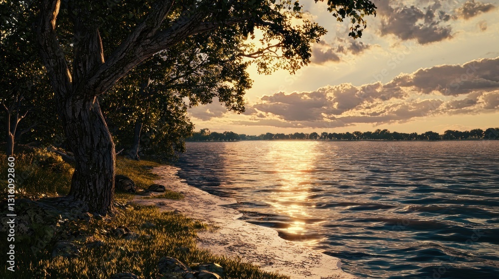 Serene sunset over calm lake with tree. Serene sunset over calm lake with tree.
